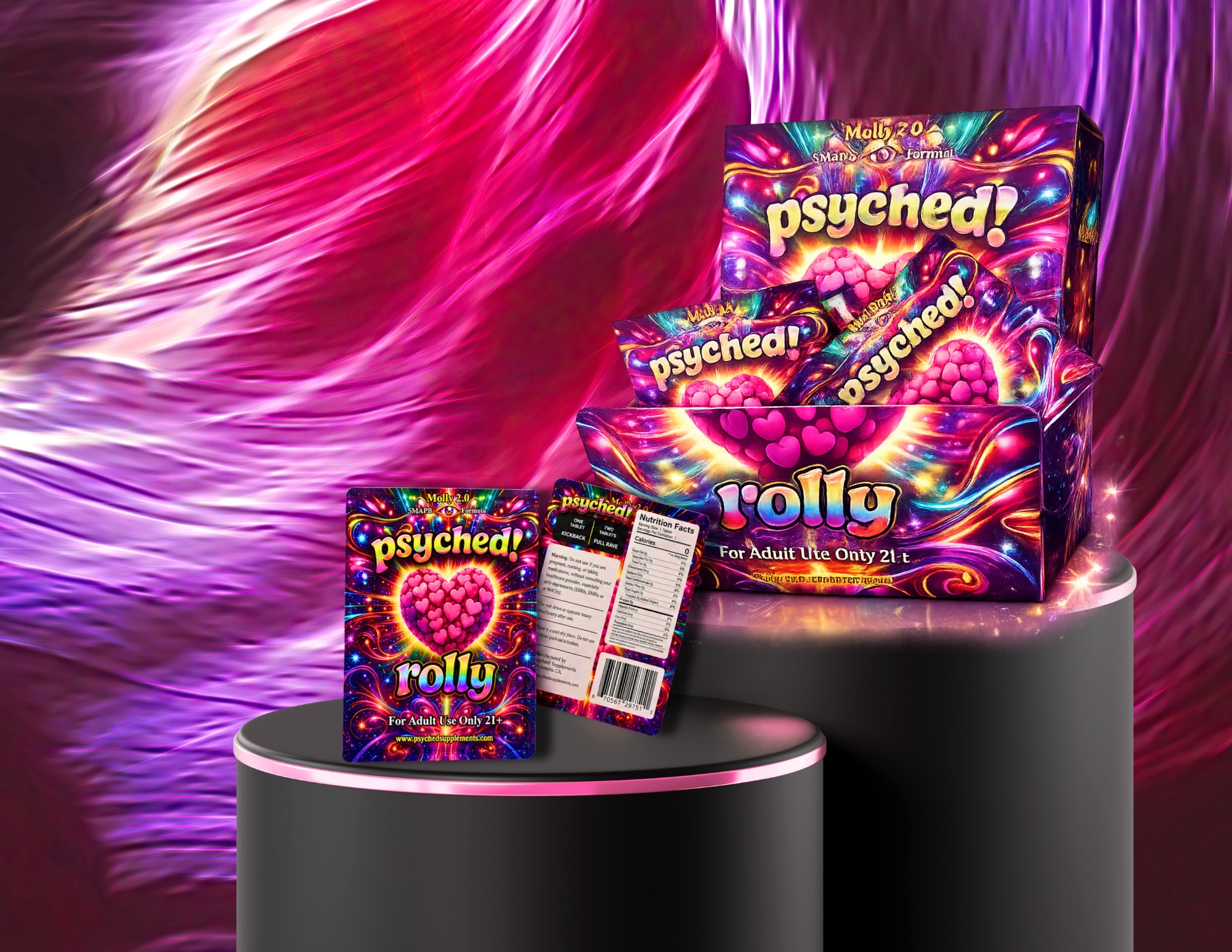 ROLLY display case and product sachets